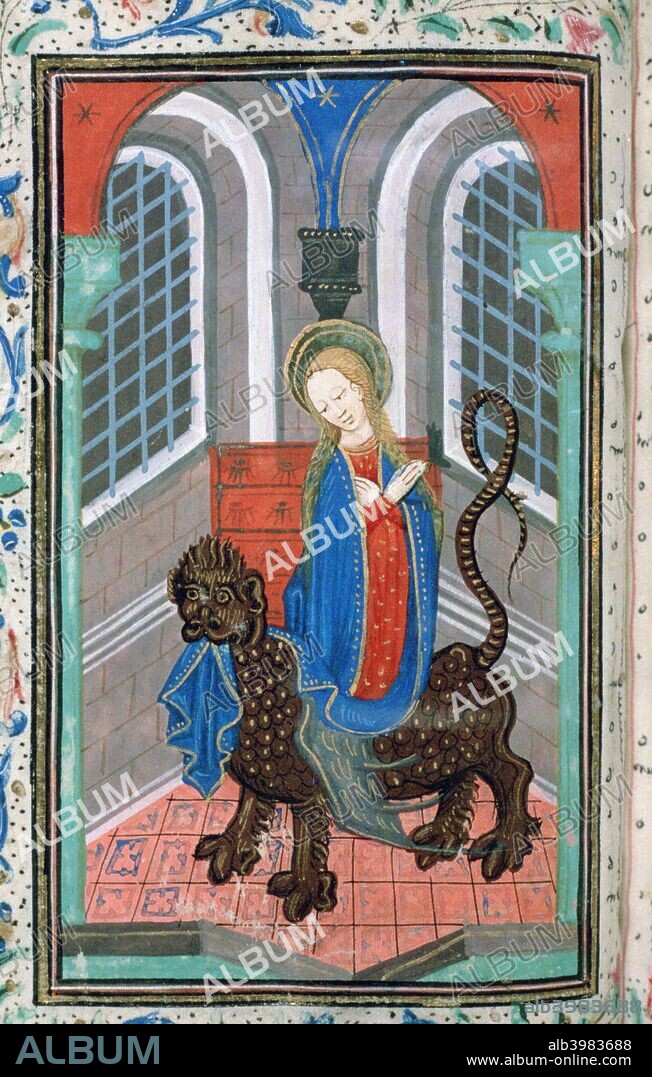 St Margaret, late 15th century. St Margaret or Marina of Antioch was an early 4th century virgin Christian martyr. She is depicted escaping from the Devil in the form of a dragon. From a book of hours, possibly Flemish. From the Bodleian Library collection, Oxford.