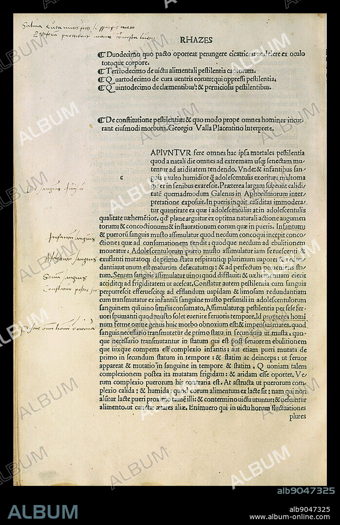Razi (ca. 845-925), Treatise on Smallpox. Latin translation from the Byzantine version by Georgio Valla (14471500), printed in Venice, 1498.