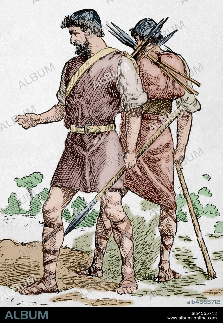 Guerreros almogávares. Grabado. "Museo Militar del Ejército Español", Tomo I. Evaristo Ullastres Editor. Barcelona, 1883. Coloreado.