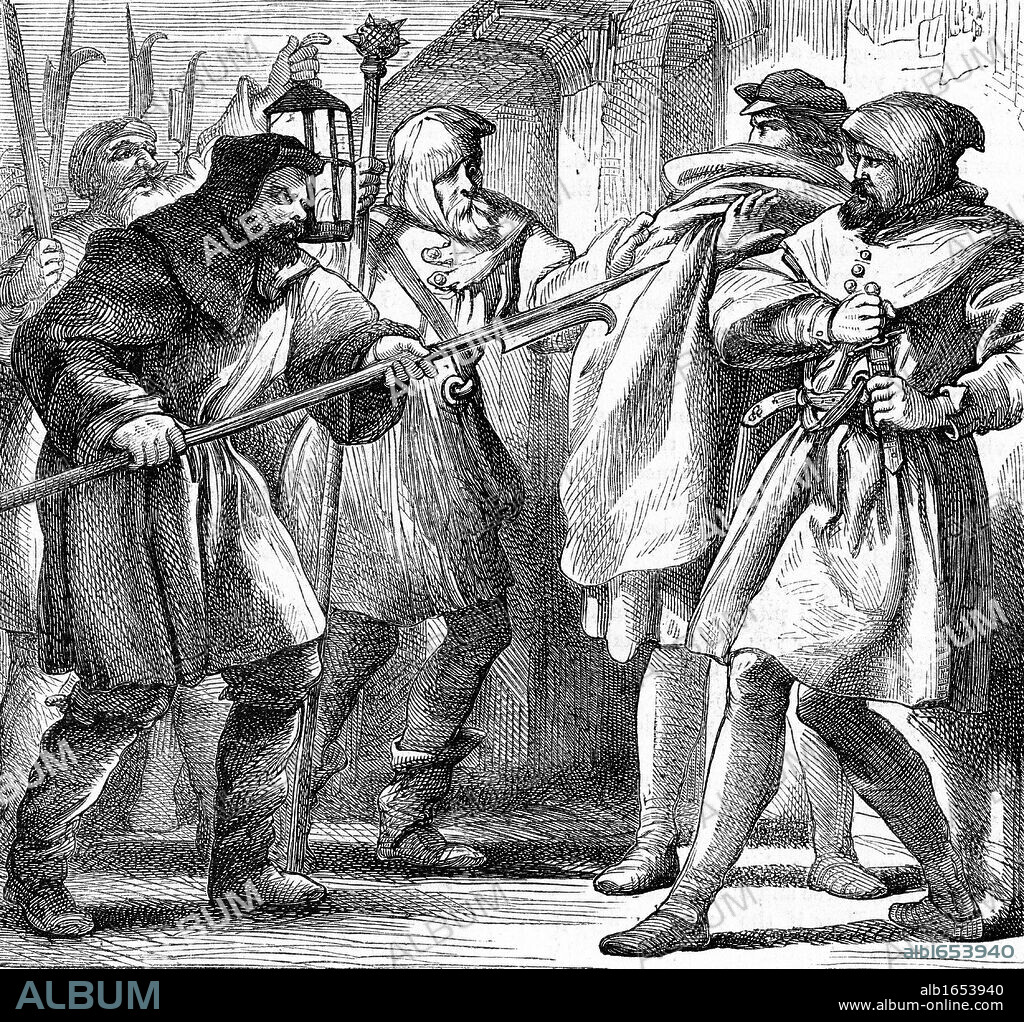 William Shakespeare Much Ado About Nothing, play first performed c1598. Dogberry and Verges, local constables of the watch, with the night-watchmen, confronting Conrade and Borachio. Illustration by Henry C Selous (1811-90) showing watch men with their pikes and lantern. There is evidence that the part of Dogberry was written for the Elizabethan comedian William Kemp or Kempe (d1603). Wood engraving 1870.