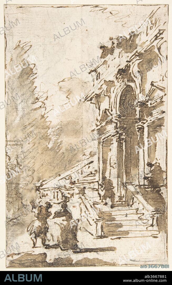 Architectural Capriccio: Garden Entrance to a Palace (recto); Three Masked and Costumed Figures and Other Figure Studies (verso). Artist: Francesco Guardi (Italian, Venice 1712-1793 Venice). Dimensions: 7 3/16 x 4 1/2in. (18.3 x 11.5cm). Date: 1712-93.