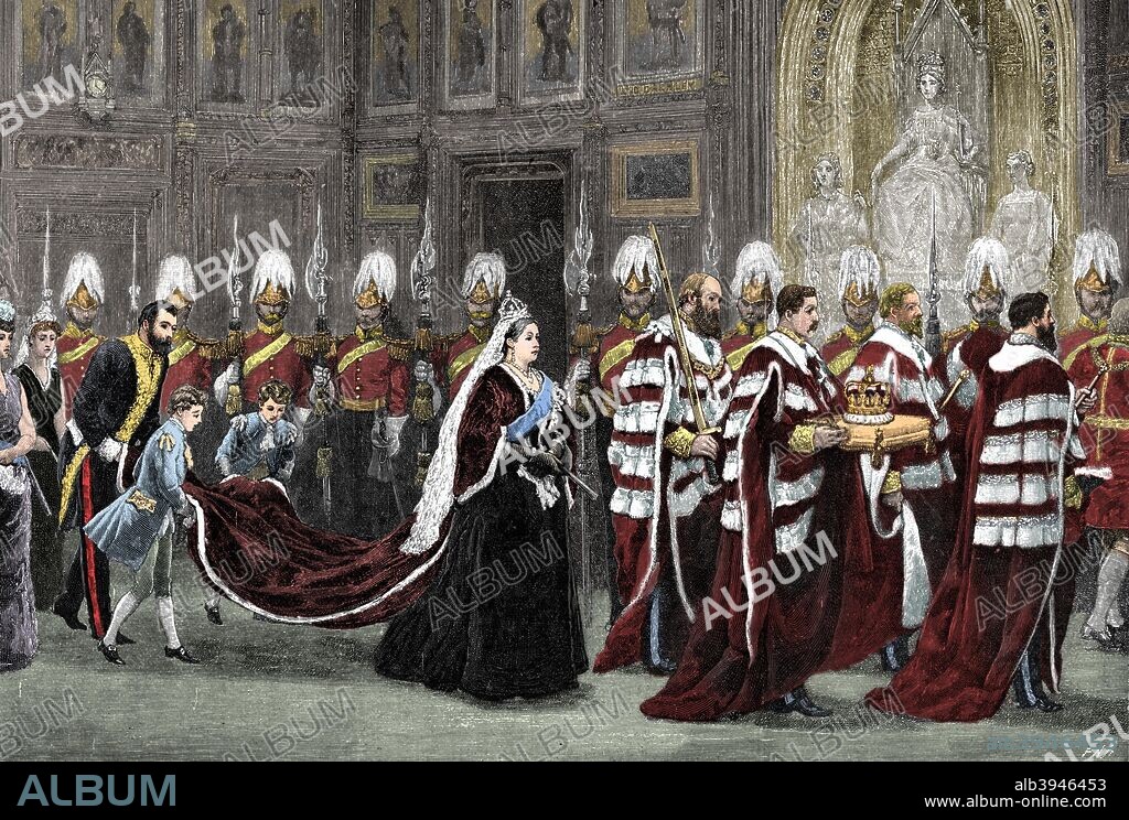 The royal procession in Westminster Palace on the way to the House of Lords, London, 1886, (1900). Queen Victoria presides over the opening of Parliament. Illustration from The Life and Times of Queen Victoria, by Robert Wilson, Volume IV, (Cassell and Company, London, Paris, New York, Melbourne, 1900). (Colorised black and white print).