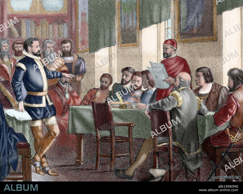 LAS COMUNIDADES CASTELLANAS. GUERRA DE LAS COMUNIDADES. Conflicto social, político y bélico acaecido en Castilla entre 1520 y 1521 bajo reinado de Carlos V. "JUNTA DE AVILA" (agosto de 1520). Agrupación de varias ciudades castellanas que no reconocían la autoridad del gobernador y del Consejo Real. Grabado coloreado del s. XIX.