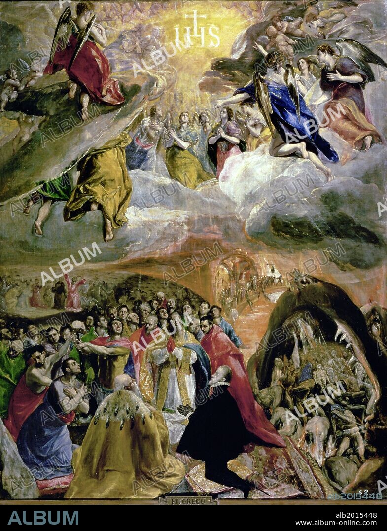 El Greco / 'El sueño de Felipe II o Alegoría de la Liga Santa o Adoración del nombre de Jesús', 1577, Óleo sobre lienzo, 140 × 110 cm.