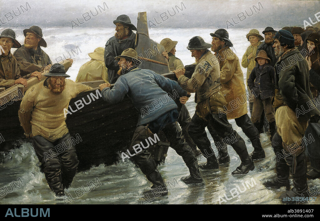 MICHAEL PETER ANCHER. Fishermen launching a rowing boat. Date/Period: 1881. Painting. Canvas and oil. Width: 183 cm. Height: 120 cm (Without frame).