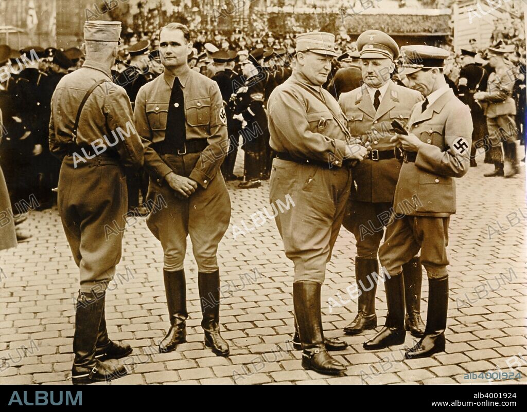 Senior Nazis, Germany, 1937. Captain Pfeffer, Deputy Fuhrer Rudolf Hess (1894-1987), Luftwaffe commander Hermann Göring (1893-1946), Gauleiter of Franconia Julius Streicher (1885-1946) and Propaganda Minister Joseph Goebbels (1897-1945).