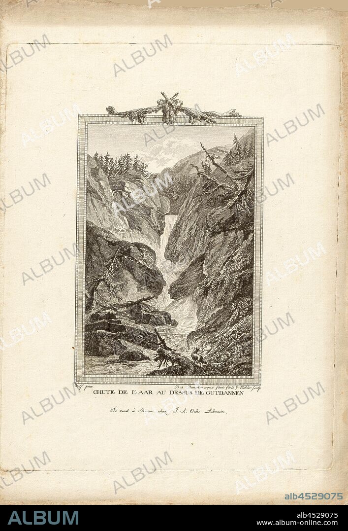 Fall of the Aare over Gutdannen, Waterfall near Guttannen, signed: Wolf (pinx.), B.A. Duncker (aqua forte fecit), G. Eichler (sculp.), S. 53, Wolf, Caspar (pinx.); Duncker, Balthasar Anton (fecit aqua forte); Eichler, Matthias Gottfried (sculp.), 1777, Samuel Wyttenbach: Alpes Helveticae. Beschreibung einer Reise, die im Jahr 1776 durch einen Theil der Bernischen Alpen gemacht worden. [Bern]: [Wagner], [1777].
