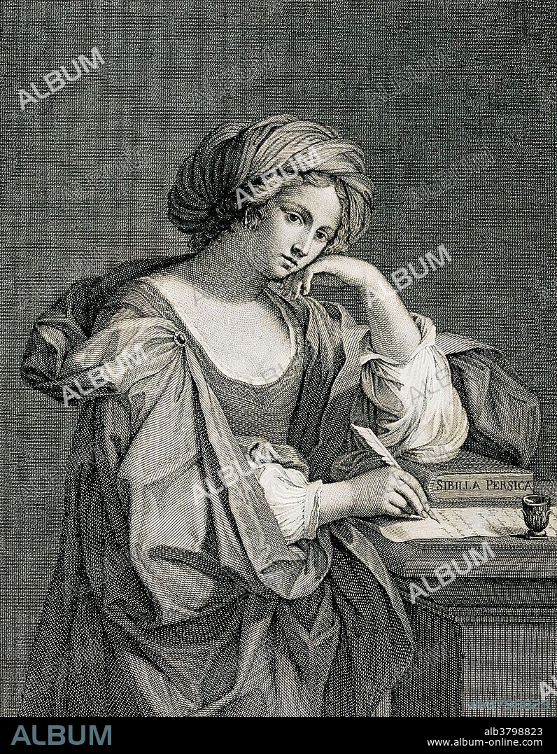 The Persian sibyl. The Persian Sibyl, also known as the Babylonian, Hebrew or Egyptian Sibyl, was the prophetic priestess presiding over the Apollonian oracle. She is said to have foretold the exploits of Alexander the Great of Macedon. The Persian Sibyl has had at least three names: Sambethe, Helrea, and Sabbe. The medieval Byzantine encyclopedia, the Suda, credits the Hebrew Sibyl as the author of the Sibylline oracles, a collection of texts of c. the 2nd to 4th century which were collected in the 6th century. Engraving by P. Fontana (1762-1837) after J. Volpato after Giovanni Francesco Barbieri (1591-1666), best known as Guercino.