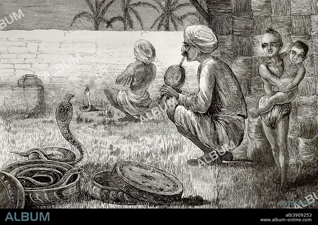 Viaje del príncipe de Gales a la India (futuro Eduardo VII). Bombay. Domadores de serpientes. Grabado de S. E. Waller. La Ilustración Española y Americana, 15 de enero de 1876. Biblioteca Histórico Militar de Barcelona, Cataluña, España.