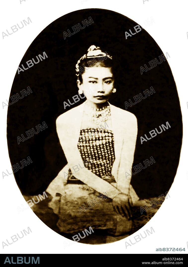 Supayalat (13 December 1859 24 November 1925) was the last queen of Burma who reigned in Mandalay (18781885), born to King Mindon Min and Queen Alenandaw. Their reign lasted just seven years when Thibaw Min was defeated in the Third Anglo-Burmese War and forced to abdicate by the British in 1885. On 25 November 1885 they were taken away in a covered carriage, leaving Mandalay Palace by the southern gate of the walled city along the streets lined by British soldiers and their wailing subjects, to the River Irrawaddy where a steamboat awaited. Thibaw was 27 and Supayalat 26.<br/><br/>. After years of exile in India, Supayalat returned to Rangoon in 1919. She died six years later, in 1925 - shortly before her 66th birthday. Although the colonial government declared the day of her funeral a national holiday, the royal family's request for her to be buried in Mandalay was also refused. Her funeral was, however, held with pomp and ceremony as befitted a Burmese queen.<br/><br/>. Supayalat lies buried at the foot of the Shwedagon Pagoda in Kandawmin Gardens between the tombs of Aung San Suu Kyi's mother Khin Kyi and the former UN Secretary General U Thant. Pictures From History.