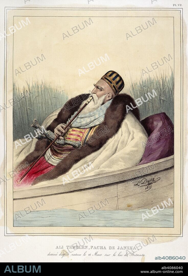 Ali Tebelen, Pacha de Janina. Voyage Ã  AthÃ¨nes et Ã  constantinople; ou collectio. Paris, 1825. Ali Pasha, surnamed Arslan, also known as the Lion of Janina. Referred to as the 'Mohammedan Bonaparte'. (c.1741-1822). Portrait. Born in Tepeleni, Albania. A former brigand, he maintained a court and negotiated with both Great Britain and France. Deposed and put to death.  Image taken from Voyage Ã  AthÃ¨nes et Ã  constantinople; ou collection de Portraits, de Vues et de Costumes Grecs et Ottomans.  Originally published/produced in Paris, 1825. . Source: Tab.1237.a, plate VII. Language: French.