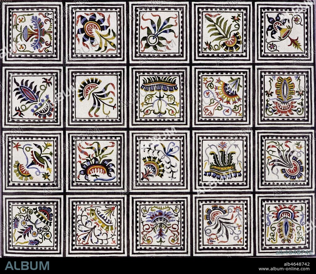 Mosaique de sol d'une maison de Pompei (2e av. JC). Decor floral et vegetal stylise. Releve a l'aquarelle realise au 19eme. Credit : Coll. Foras/KHARBINE-TAPABOR.
