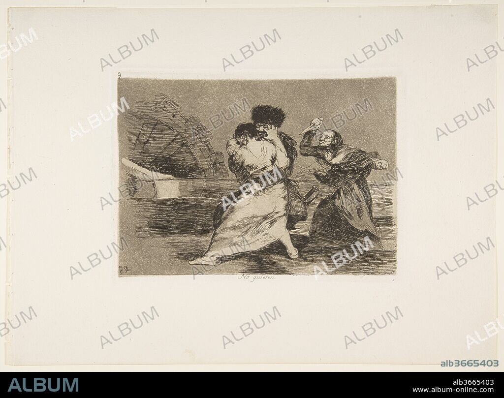Plate 9 from 'The Disasters of War' (Los Desastres de la Guerra): 'They don't like to.' (No quieren.). Artist: Goya (Francisco de Goya y Lucientes) (Spanish, Fuendetodos 1746-1828 Bordeaux). Dimensions: Plate: 6 1/8 × 8 3/16 in. (15.5 × 20.8 cm)
Sheet: 9 15/16 × 13 7/16 in. (25.2 × 34.2 cm). Series/Portfolio: The Disasters of War. Date: 1810 (published 1863).