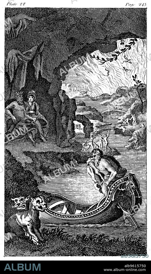 Hades, 18th century. Hades, the underworld of Greek mythology, showing Charon the ferryman, Cerberus, the three-headed dog guarding the entrance, Pluto and Persephone (centre left) and the River Styx.