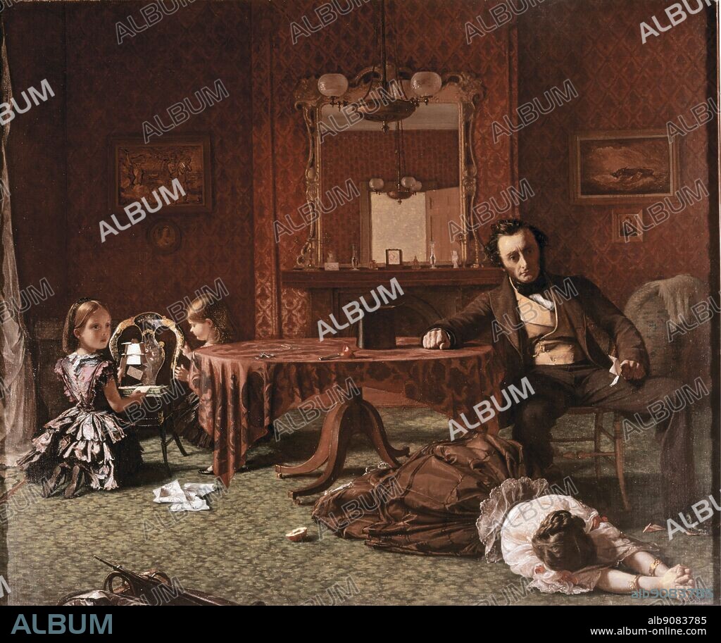 Past and Present - 1858/9. by Augustus Egg (2 May 1816 - 25 March 1863). Augustus Leopold Egg was born in London . In 1859 Egg produced a series of three paintings called Past and Present. Influenced by the moral paintings of William Hogarth, the pictures tell the story of a man that Egg knew, whose wife had been unfaithful. In the first picture the husband discovers his wife's infidelity; he holds the letter that has enabled him to discover the betrayal and crushes a picture of his wife's lover under his foot. The second and third pictures both take place at the same moment, five years later, after the death of the father. One picture shows the children alone in the home, whereas the mother is living under the Adelphi arches in London. Egg, a friend of the writer Charles Dickens, suffered from chronic respiratory disease. In 1863 Egg was advised that his health would improve if he lived in Africa. This move was unsuccessful and Augustus Leopold Egg died in Algiers.. ©2006 TopFoto.