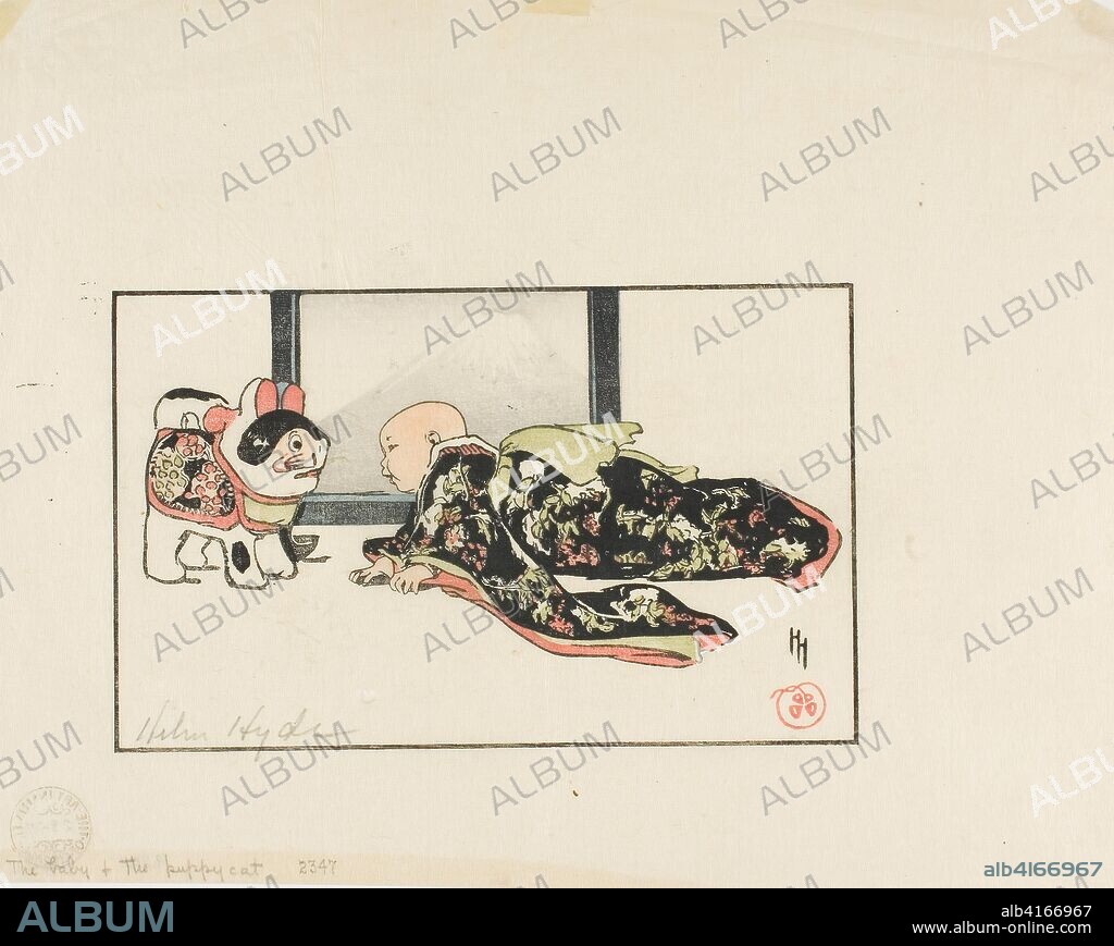 The Puppy-Cat and the Baby. Helen Hyde; American, 1868-1919. Date: 1904. Dimensions: 111 x 179 mm (image/block); 226 x 299 mm (sheet). Color woodcut on cream Japanese paper. Origin: United States.