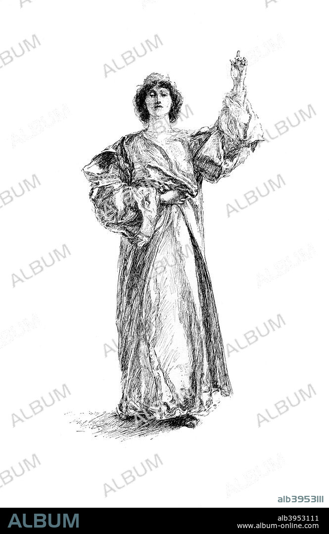 Portia, 1895 (1899). The Quality of Mercy is Not Strained (The Merchant of Venice). From a pen drawing by Edwin A  Abbey RA, in The Comedies of William Shakespeare, 1895, by Harper and Brothers. A print from The Magazine of Art, Cassell and Company, Limited, 1899.