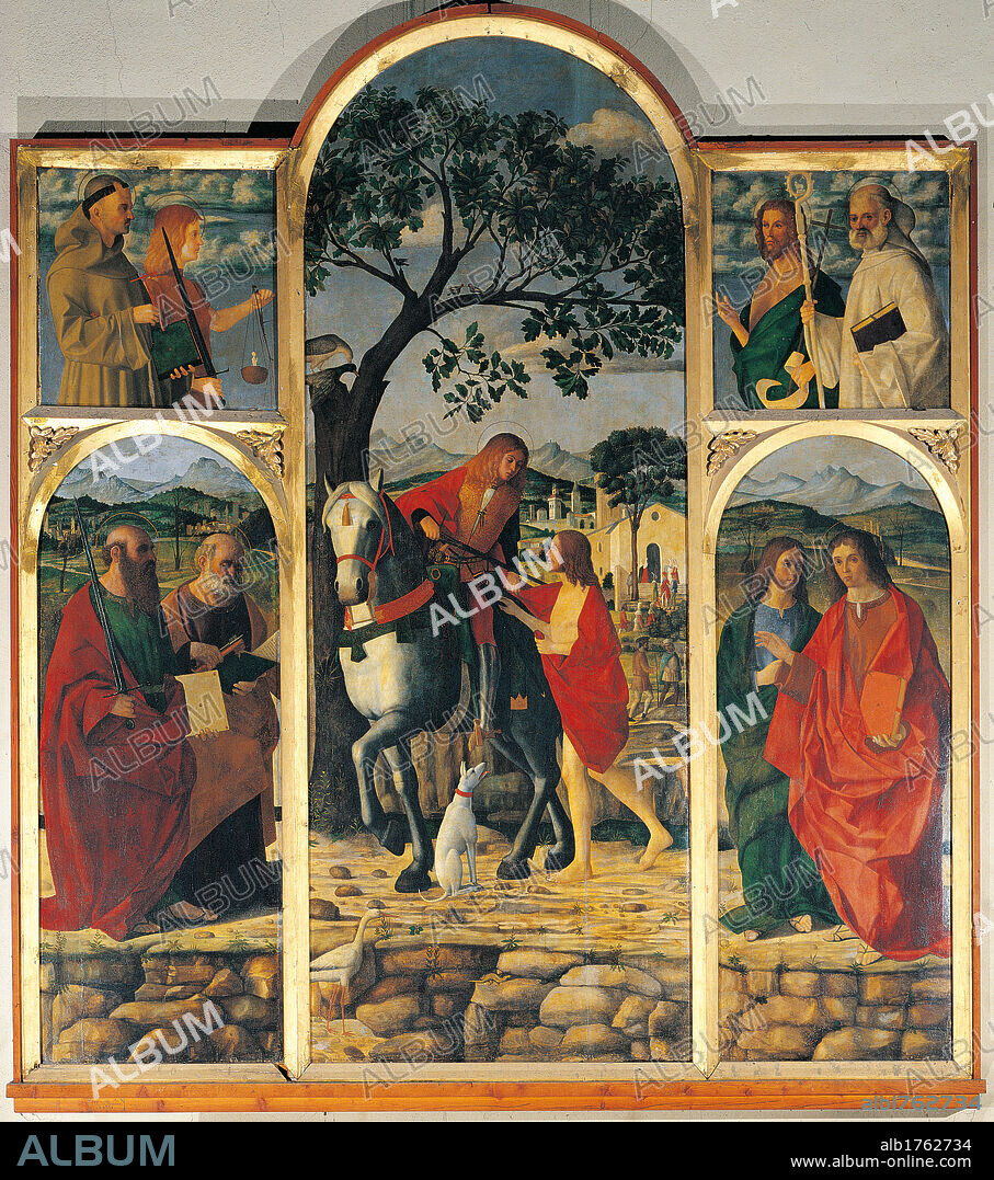 Polyptich of St Martin, by Lattanzio da Rimini, 1500-1503, 16th Century, oil on panel, cm 370 x 300. Italy, Lombardy, Bergamo, Piazza Brembana, San Martino Church, Hamlet Moio de Calvi. Polyptich of St Martin St Anthony from Padua St Michael Archangel St Peter St Paul St John the Baptist St Bernard St James St John the Evangelist.