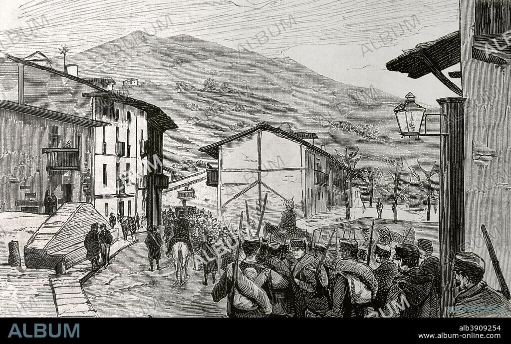 España. Tercera Guerra Carlista (1872-1876). Provincias Vascongadas. Entrada de la Brigada Córdoba en la localidad de Aramayona, el 4 del actual. Grabado. 1876, contexto de la Restauración Borbónica con Alfonso XII. La Ilustración Española y Americana, 22 de febrero de 1876. Biblioteca Histórico Militar de Barcelona, Cataluña, España.