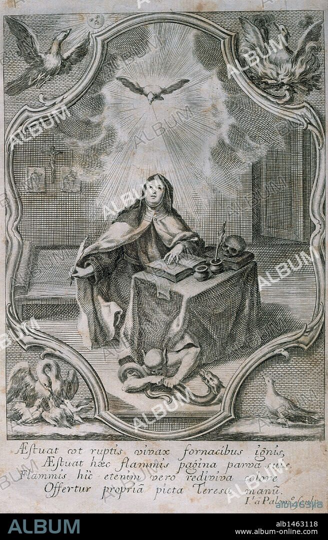 TERESA DE JESUS, Santa (Avila, 1515-Alba de Tormes, 1582). Reformadora religiosa de la orden carmelitana. Con ella el misticismo occidental alcanza su máxima expresión humana. "SANTA TERESA DE JESUS RECIBIENDO LA INSPIRACION DEL ESPIRITU SANTO". Grabado del año 1752.