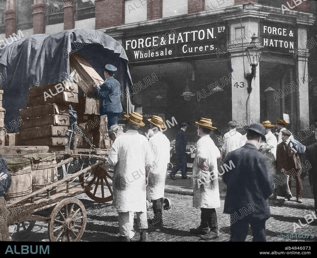 Magic lantern slide circa 1880, Victorian/Edwardian Social History. Forge and Hatton Limited, Billingsgate Market London. Loading fish onto horse and wagons for railway journey.  Wholesale fish curer shop with fishmongers and straw hats; London, England.