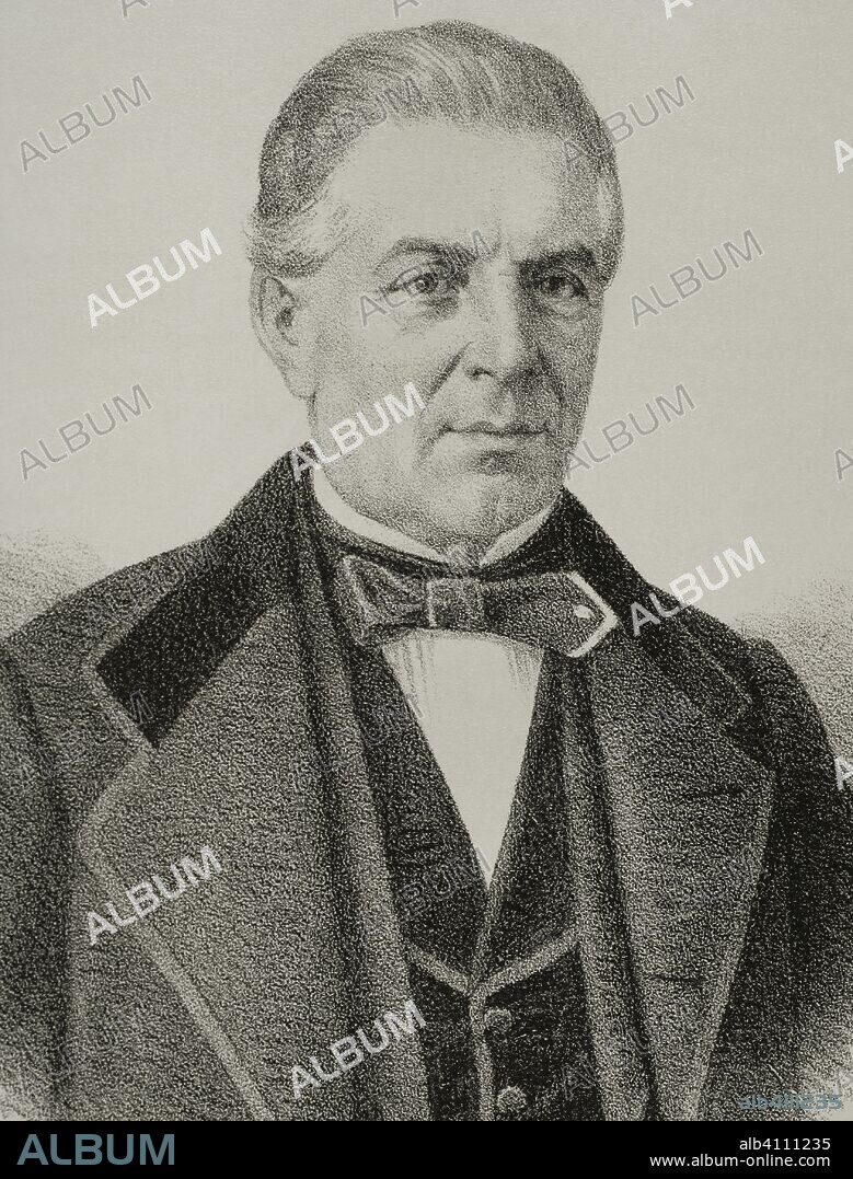 Fermín Caballero y Morgáez (1800-1876). Geógrafo, periodista, escritor, político y orador español. Dibujo por Llanta, detalle. Litografía. Retrato. Crónica General de España, Historia Ilustrada y Descriptiva de sus Provincias. Castilla-La Nueva, 1869. Biblioteca Histórico Militar de Barcelona. Cataluña, España.