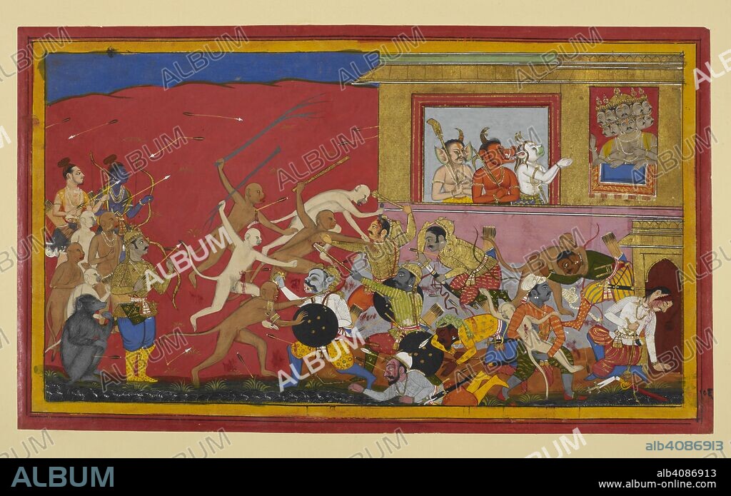 Kumbha and Nikumbha fight with the monkey leaders. RÄma and the other leaders look on from the left. Aá¹…gada, whose eyelids have been cut off by Kumbha previously, is fighting with blood streaming down his face against a boar-headed demon. Kumbha's head is pierced with a dagger and Nikumbha appears to be falling with an arrow in his chest. On the right, a demon has picked up a monkey; another monkey is struggling with a demon and a third demon falls back with his head split open. Three animal-headed demons talk to RÄvaá¹‡a, who appears at the jharokhÄ window of his palace above. Ramayana. Udaipur, c.1653. Source: Add.19297(1), f.106. Language: Sanskrit.