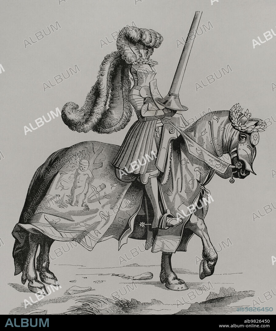 Campeón de un torneo. Grabado por Burgmayer. Versión del siglo XIX a partir de un compendio titulado "Vita Imperatoris Maximiliani". Dibujo de Alberto Durero, siglo XV. "Vie Militaire et Religieuse au Moyen Age et à l'Epoque de la Renaissance". París, 1877.