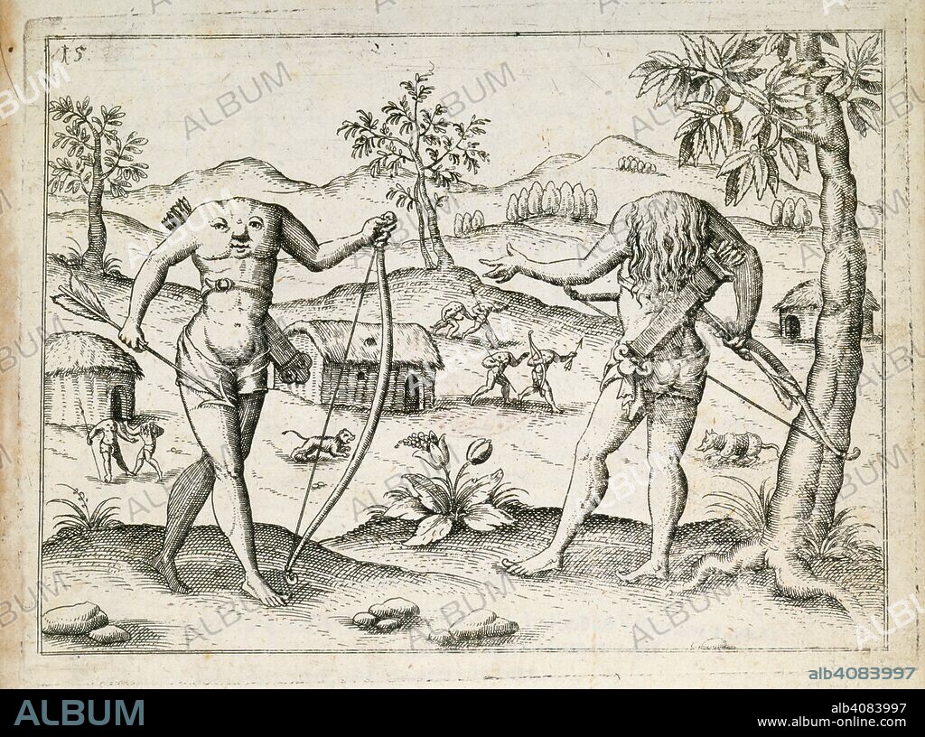 LEVINUS HULSIUS. Ewaiponoma or Blemmyae. Headless human creatures with their faces on their chests as described in the accounts of Raleigh's search for El Dorado. Collection of Voyages. Theil V. Kurtze wunderbare Beschreibung dessGoldreichen Konigreichs Guianae in America. Noriberg,1599. Source: C.114.c.15, plate XV.