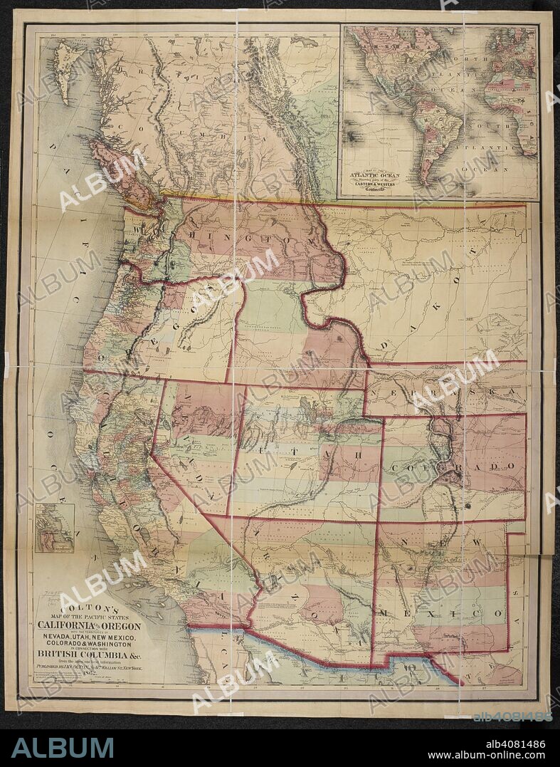 A map California and Oregon, with the territories of Nevada, Utah, New Mexico, Colorado and Washington. Colton's Map of the Pacific States California & Oregon with the territories of Nevada, Utah, New Mexico, Colorado & Washington in connection with British Columbia, etc. New York, 1862. Source: Maps 71495.(60.). Language: English.
