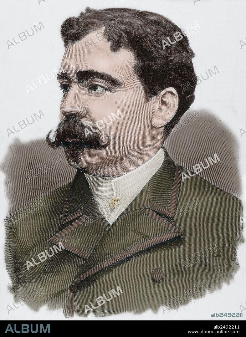 TOMÁS CARLOS CAPUZ ALONSO. Enrique Kubly Arteaga (1855-1904). Uruguayan writer, politician and philosopher. Engraving by Capuz. The Spanish and American Illustration, 1885. Colored.