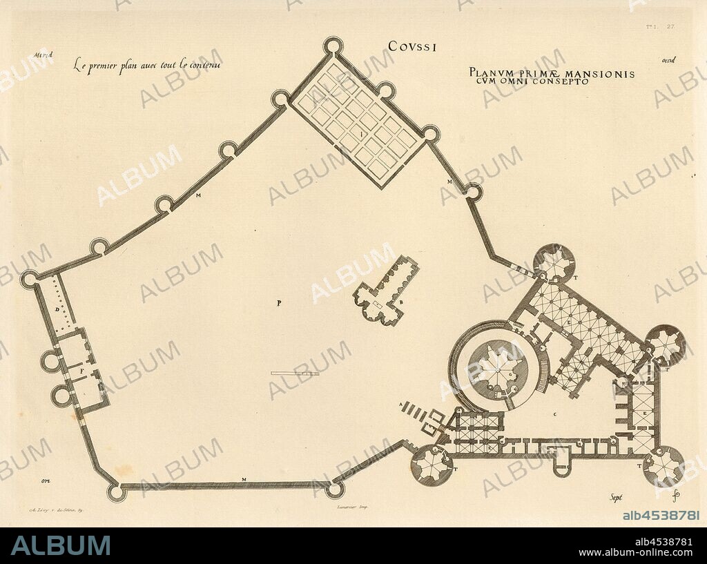Coussi. The foreground with all the content, Floor plan of the Château de Coucy at Coucy-le-Château-Auffrique (France), Signed: FD; Imp. Lemercier; A. Levy, Fig. 28, T. 1. 27., Cerceau, Jacques Androuet du (del.); Faure-Dujarric, Pierre-Lucien (sc.); Imprimerie Lemercier (imp.); Levy, A. (ed.), 1868, Jacques Androuet du Cerceau; Hippolyte A. Destailleur: Les plus excellents bastiments de France. Paris: A. Lévy, Libraire-Editeur, M DCCC LXVIII - M DCCC LXX. [1868-1870].