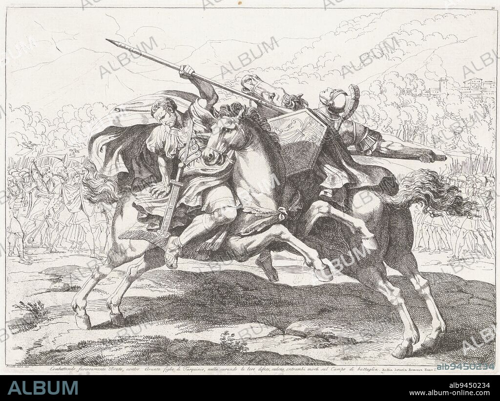 Battle between Brutus and Arruns Tarquinius, Bartolomeo Pinelli, 1817, Brutus and Arruns Tarquinius, the son of Tarquinius Superbus, on horseback, fighting each other. In the background their armies on the battlefield., print maker: Bartolomeo Pinelli, (mentioned on object), Bartolomeo Pinelli, (mentioned on object), Rome, 1817, paper, etching, h 316 mm × w 426 mm.