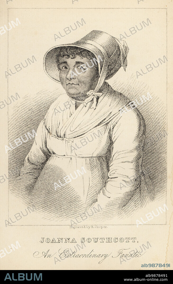Joanna Southcott, an extraordinary fanatic, 1750-1814. Domestic servant of Devon who became a prophetess and leader of the Southcottian cult from 1792. In 1813, she claimed that she was pregnant with a messiah, the Shiloh. Lithograph after a stipple engraving by Robert Cooper from Henry Wilson and James Caulfields Book of Wonderful Characters, Memoirs and Anecdotes, of Remarkable and Eccentric Persons in all ages and countries, John Camden Hotten, Piccadilly, London, 1869.