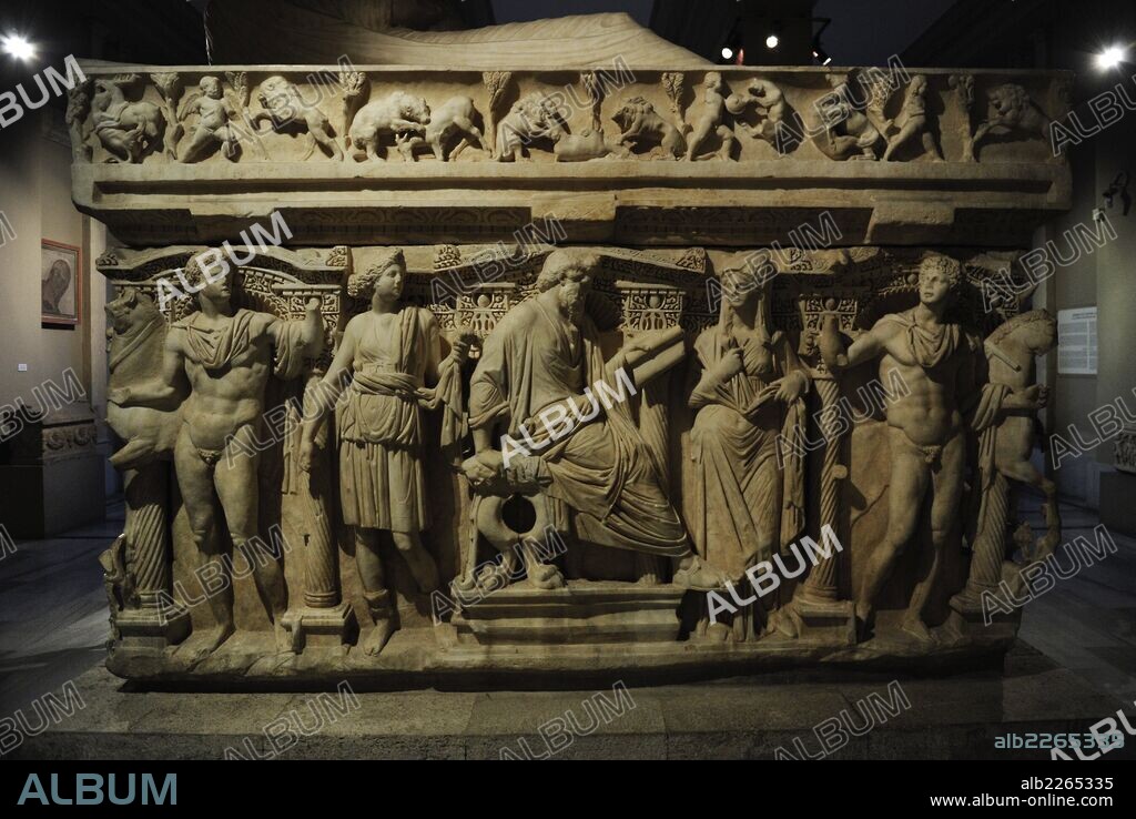 Sidamara Sarcophagus. 2nd-3rd century AD. Man sitting with a philosopher attire surrounded by Artemis and his wife with head covered. At both ends, the Dioscuri with the horses. Marble. Roman Period. Ambararasi (Konya). Archaeological Museum. Istanbul. Turkey.