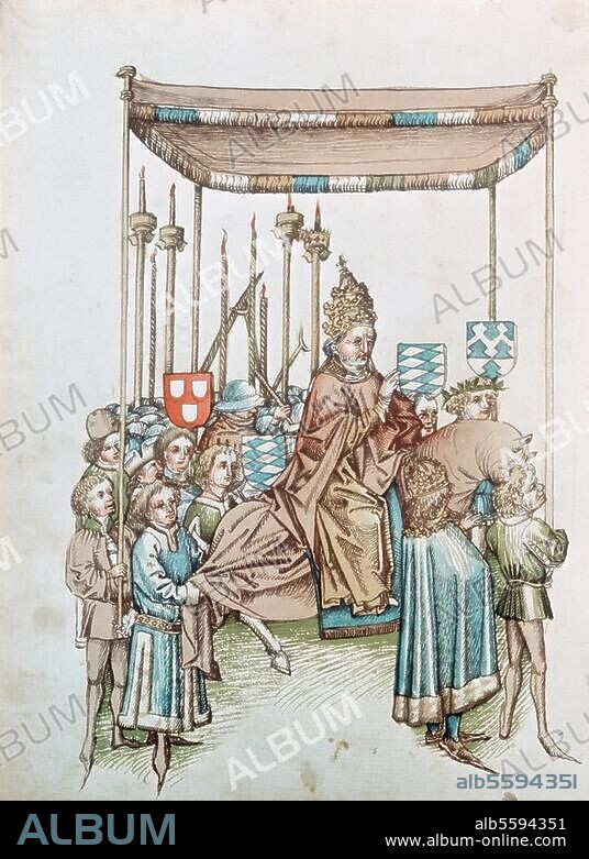 Konstanzer Konzil 1414-1418 / Otto Colonna als Martin V. zum Papst gewählt, 11. November 1417. König Sigismund leistet dem Papst den Stratordienst (Ende des Schismas). Buchmalerei, 2. Hälfte 15. Jh. Illustration zur Konzilschronik des Ulrich von Richental. Ms. 1, fol. 105 v, Konstanz, Rosgartenmuseum.