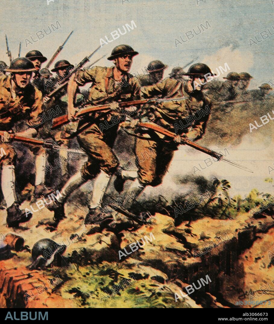 PRIMERA GUERRA MUNDIAL (1914-1918). Las tropas americanas atacan al grito de"Lusitania", septiembre de 1918. Dibujo por Achille de Beltrame (1871-1945). "La Domenica del Corriere",1918.