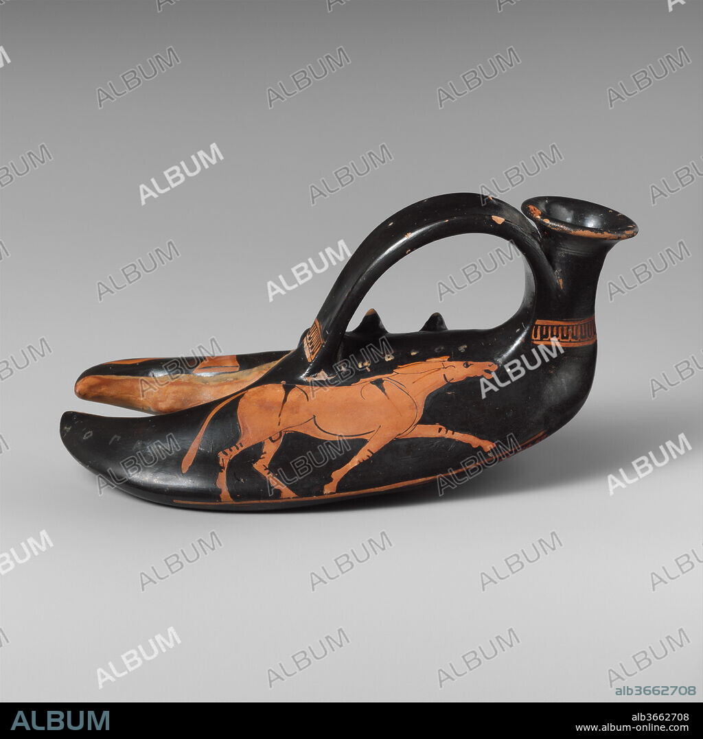 Terracotta vase in the form of a lobster claw. Culture: Greek, Attic. Dimensions: Overall: 2 3/4 x 2 7/8 in. (7 x 7.3 cm)
Other: 6 1/4in. (15.9cm). Date: ca. 460 B.C..
Donkey; keras (drinking horn)
Because so many aspects of Greek life depended on the sea, a vase in the shape of a lobster claw is not surprising. It is, however, exceptional and may be a variant of the askos--a bag-shaped oil container provided with a vertical mouth and strap handle. The Dionysiac iconography of the lobster claw suggests that it was a novelty item used at symposia (drinking parties).