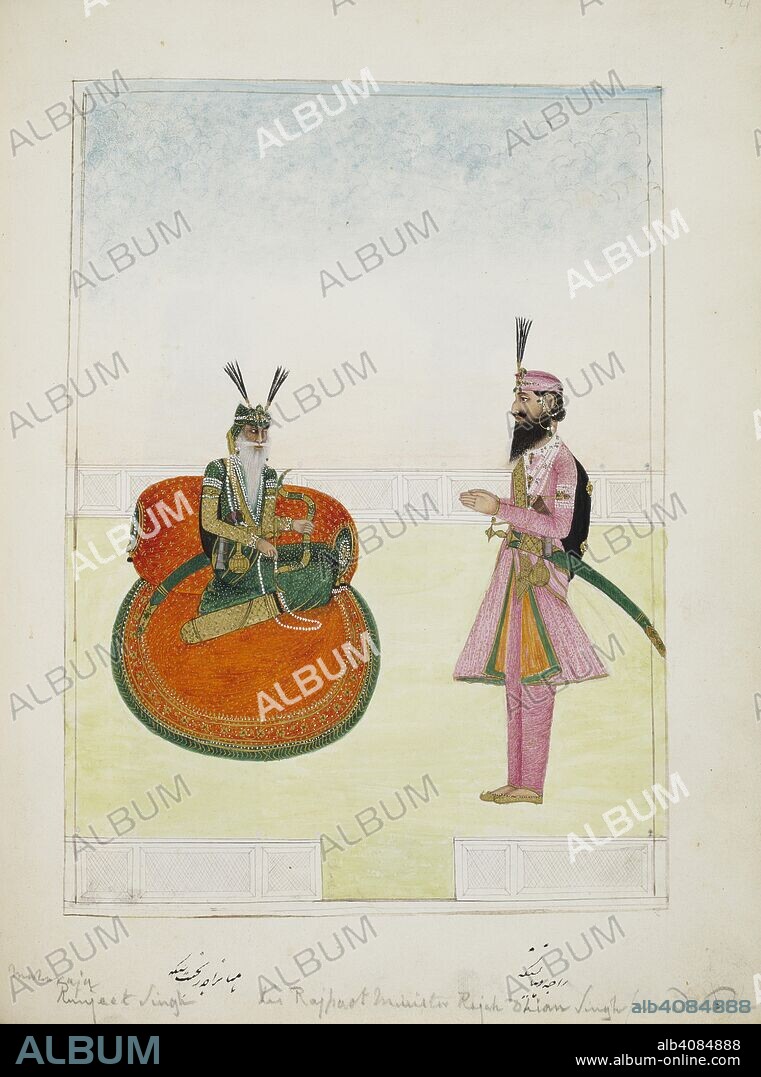 ANON. Maharaja Ranjit Singh (1799-1839) seated with Dhian Singh (1796-1843) standing before him. Inscribed in Persian characters and in English. 1838-1839. Pencil and watercolour. Source: Add.Or.1390.