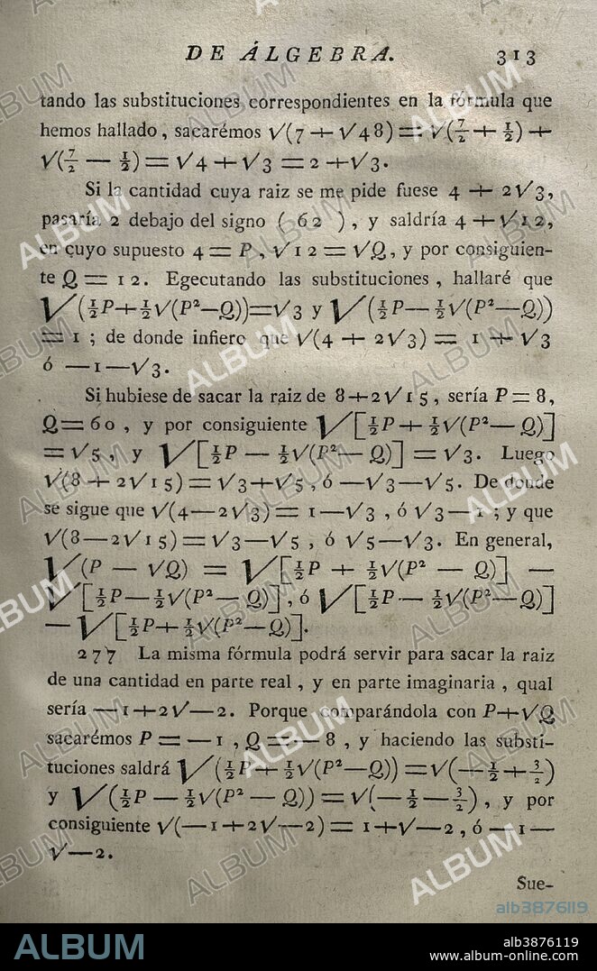 Elementos de Matematica (Elements of Mathematics), by Benito Bails (1730-1797), Spanish architect and mathematician of The Enlightenment. Page with algebraic calculations. Volume II, which is about elements of algebra. Published in Madrid, 1779.