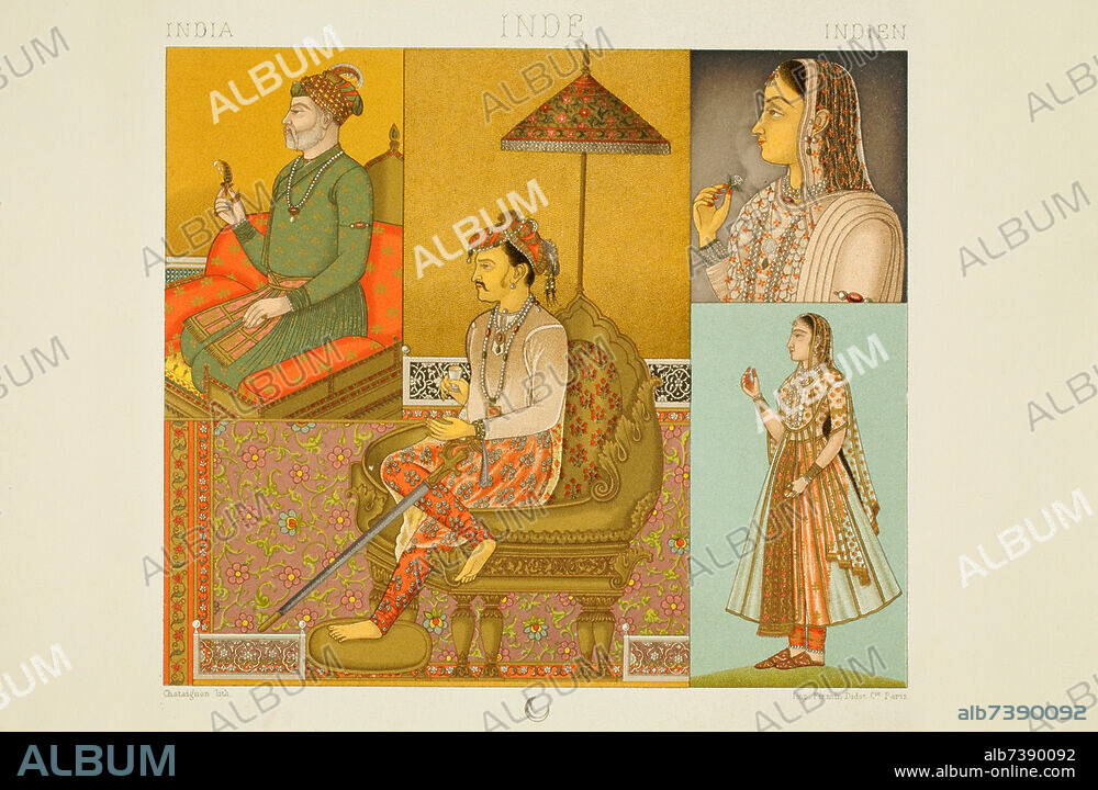 CHATAIGNON (LITHOGRAPHER). Ethnology / India. - "INDE / Souverains et dames mogols" (India, Mughal rulers and ladies). - (Main picture: Jahangir, 1569-1627, top left: Jahandar Shah, 1661-1713). Color lithograph of Chataignon after Indian miniatures. Print: Firmin-Didot et Cie., Paris. From: A. Racinet (Auguste Racinet, 1825-1893), Le Costume Historique, Cinq cents planches (...), Types principaux du vêtement et de la parure rapprochés de ceux de l 'intérieur de l'habitation dans tous les temps et chez tous les peuples, avec de nombreux détails sur le mobilier, les armes, les objets usuels, les moyens de transport, etc., Paris (Librairie Firmin-Didot et Cie.) 1888, Volume III, Plate 113. Private collection.