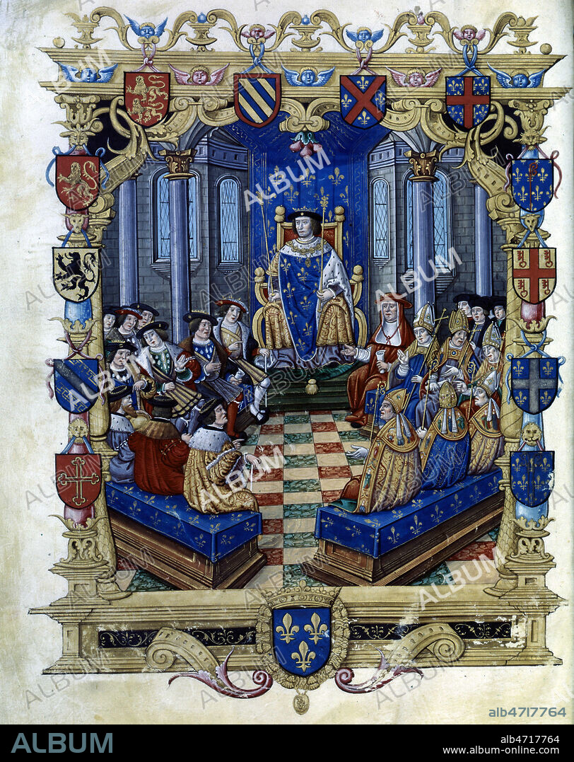 FRANCOIS 1ER (1494-1547) en son conseil, Proces de Charles de Bourbon, 1527. LE roi Francois 1er entoure de ses conseillers en 1527 pour juger u grand seignenur Charles de Bourbon, pour trahison. A droite du roi on peut voir le conseiller Duprat, ministre de la Justice en tenue de cardinal et a sa gaucheCharles le plus jeune fils de Francois 1er. Enluminure du debut du 16eme s. (XVIe, 16e s.). Credit : Collection JEAN VIGNE / KHARBINE-TAPABOR.