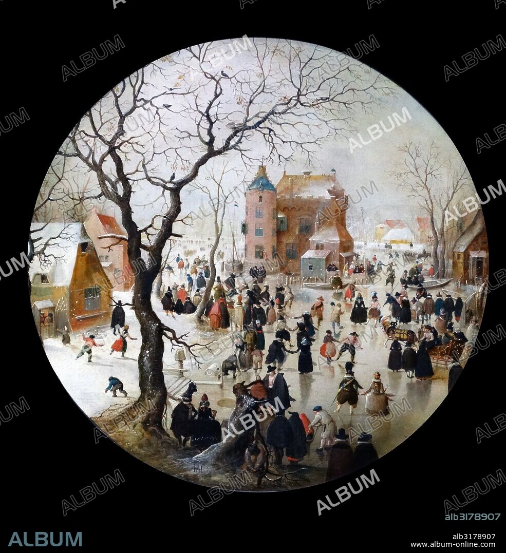 'A Winter Scene with Skaters near a Castle'  oil on oak painting; 1608 and 1609. by the Dutch artist Hendrick Avercamp 1585-1634.