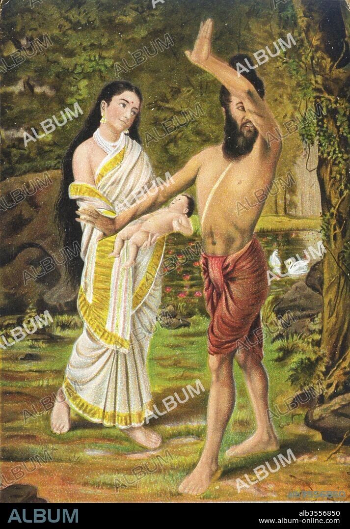 Menaka sent by Indra to disturb sage Vishvamitra in his penances ; succeeds in her mission and gets a child by him. While going back to Indra - Loka ; she offers the child to Vishvamitra ; who feeling penitent for his weakness tries to avoid Menaka and disown the child ; India.