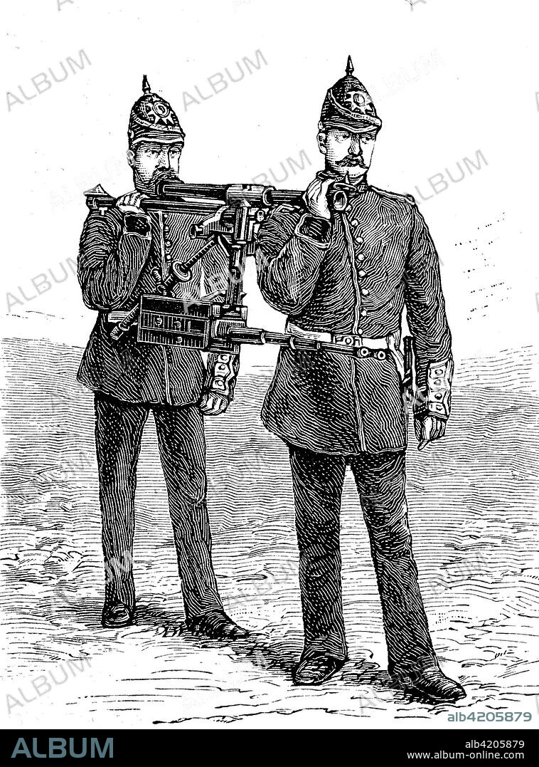 Gardner gun was an early type of mechanical machine gun, used by the english forces in Sudan, Die tragbare Gardner Kugelspritze, angewendet von englischen Truppen bei den Gefechten im Sudan, digital improved reproduction from a publication of the year 1880.