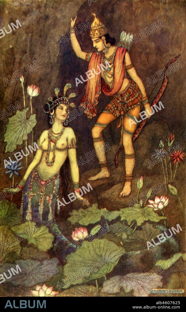 WARWICK GOBLE. 'Arjuna and the River Nymph', 1913. Arjuna releases the apsara, or divine nymph from the curse of a sage to live as a crocodile. From "Indian Myth and Legend", by Donald A. Mackenzie. [The Gresham Publishing Company Limited, London, 1913].
