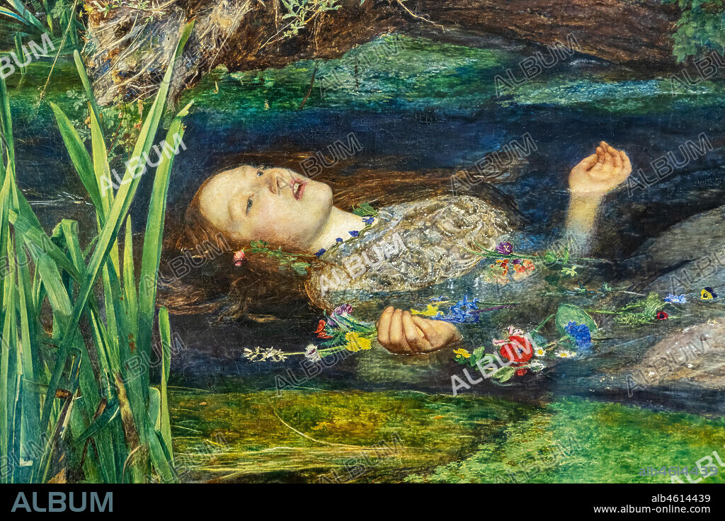 "Ophelia", (1851-2) by John Everett Millais (1829 - 96); oil painting on canvas. Detail.