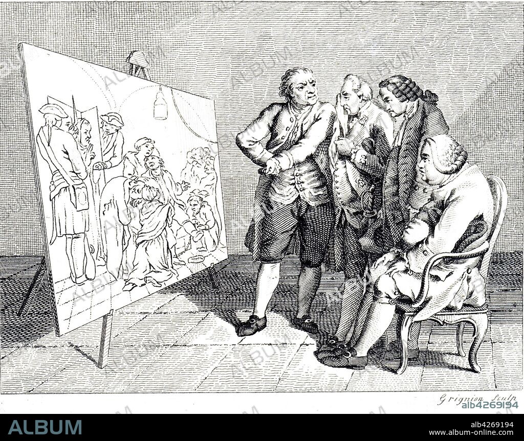 Engraving depicting four connoisseur's looking at Daniel Chodowiecki's painting. Daniel Chodowiecki (1726-1801) a Polish-and later German- painter and printmaker. Engraving by Reynolds Grignion. Dated 18th century.