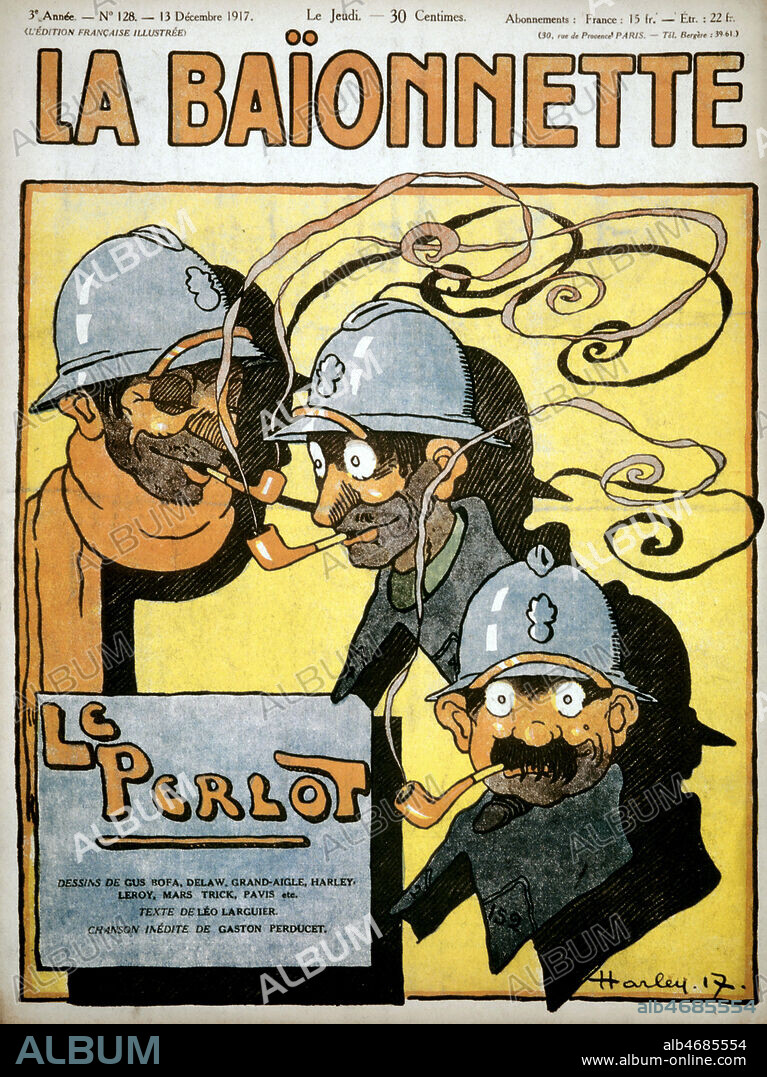 'Le Perlot' : poilus fumant la pipe. Couverture de La Baionnette du 13/12/1917 illustree par HARLEY. Credit : Collection KHARBINE-TAPABOR.
