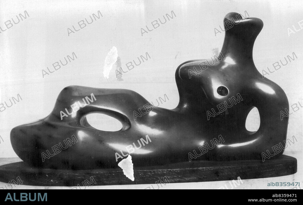 Henry Moore Exhibition, Europe, 1949/50 -- Catalogue Number.
Title: Reclining Figure, 1939.
Medium: Bronze cast of lead original in the Victoria and Albert Museum.
Size: 12 inches long 30 cm. long.
Owner: The British council, London. October 9, 1950.